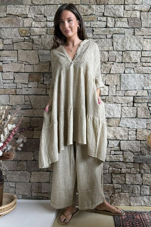 Loom & Thread Embroidered Tiered Smock Dress Washed Oat